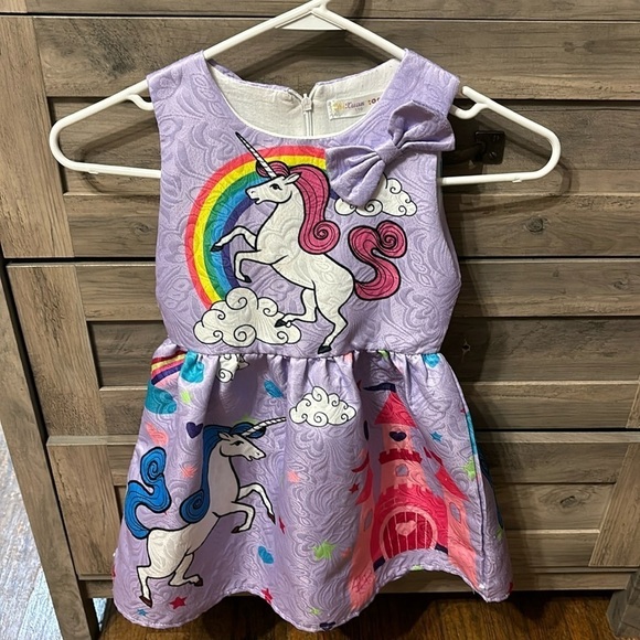 Other - EUC! GIRLS SIZE 110 (4T IN US SIZE) PURPLE UNICORN PONY DRESS WITH CASTLE & BOW